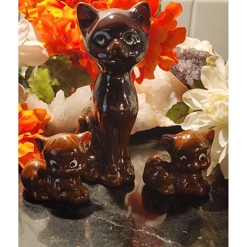 Vintage Ceramic Cat Figurine Trio 1950s Japan Enterprise Exclusive Brown Glossy